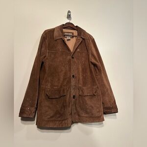 Vintage LL Bean Mens Brown Suede Leather Coat Jacket Chore Coat Buttons Size L